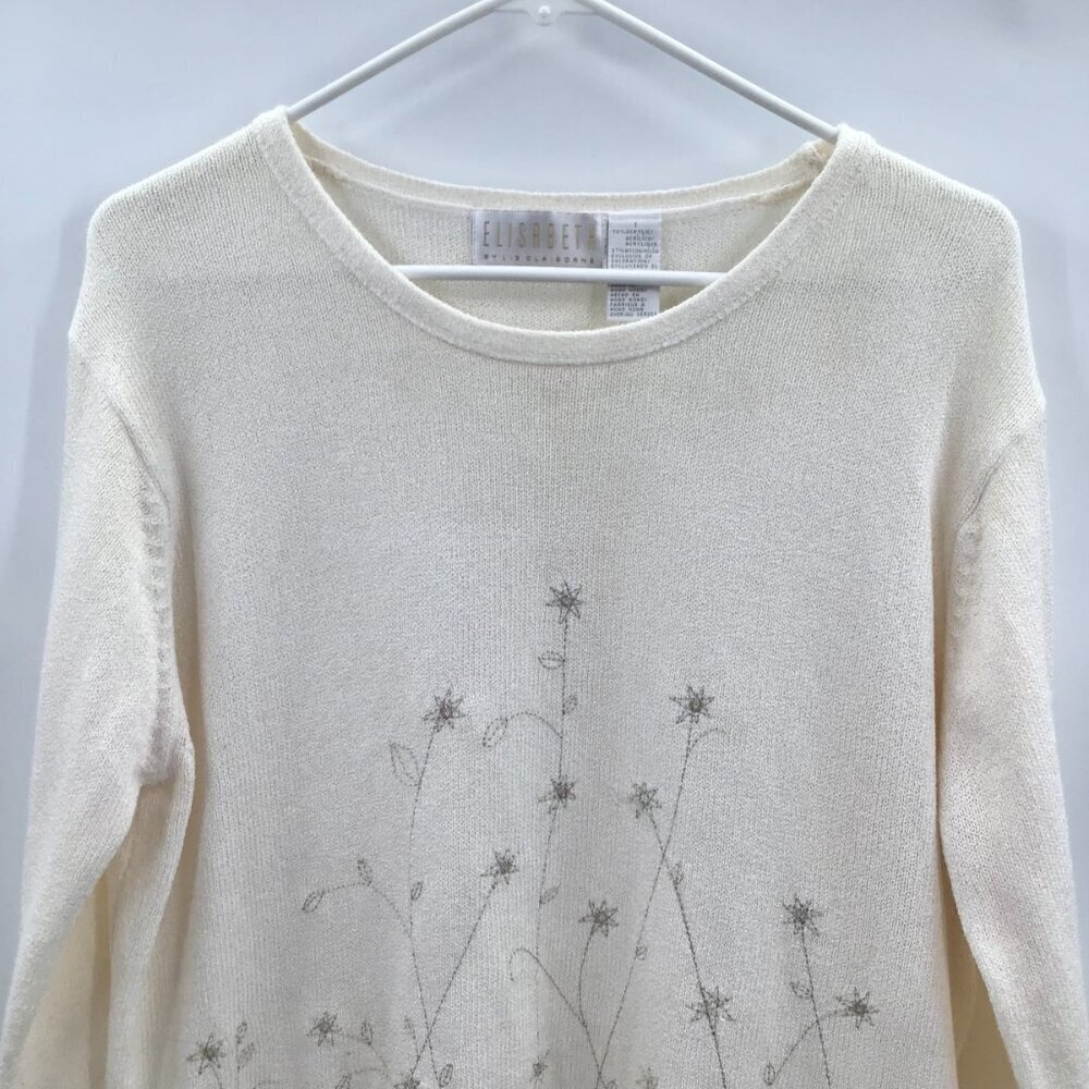 Vintage 1X Winter Flowers Sweater Embroidered Iridescent Sequin Ivory Gold L/S - Picture 2 of 13